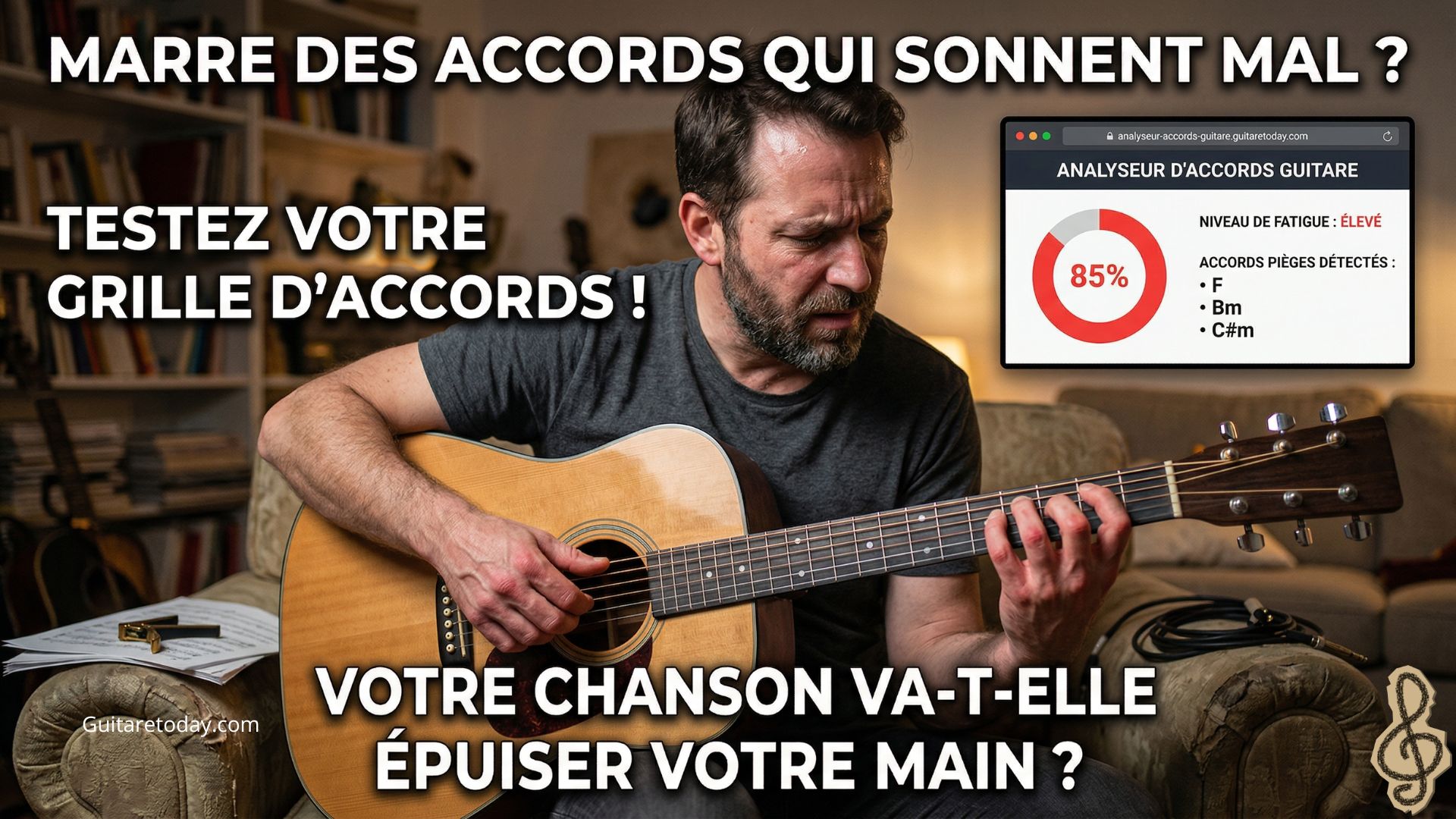Guitariste frustré testant une grille d'accords difficile sur son manche